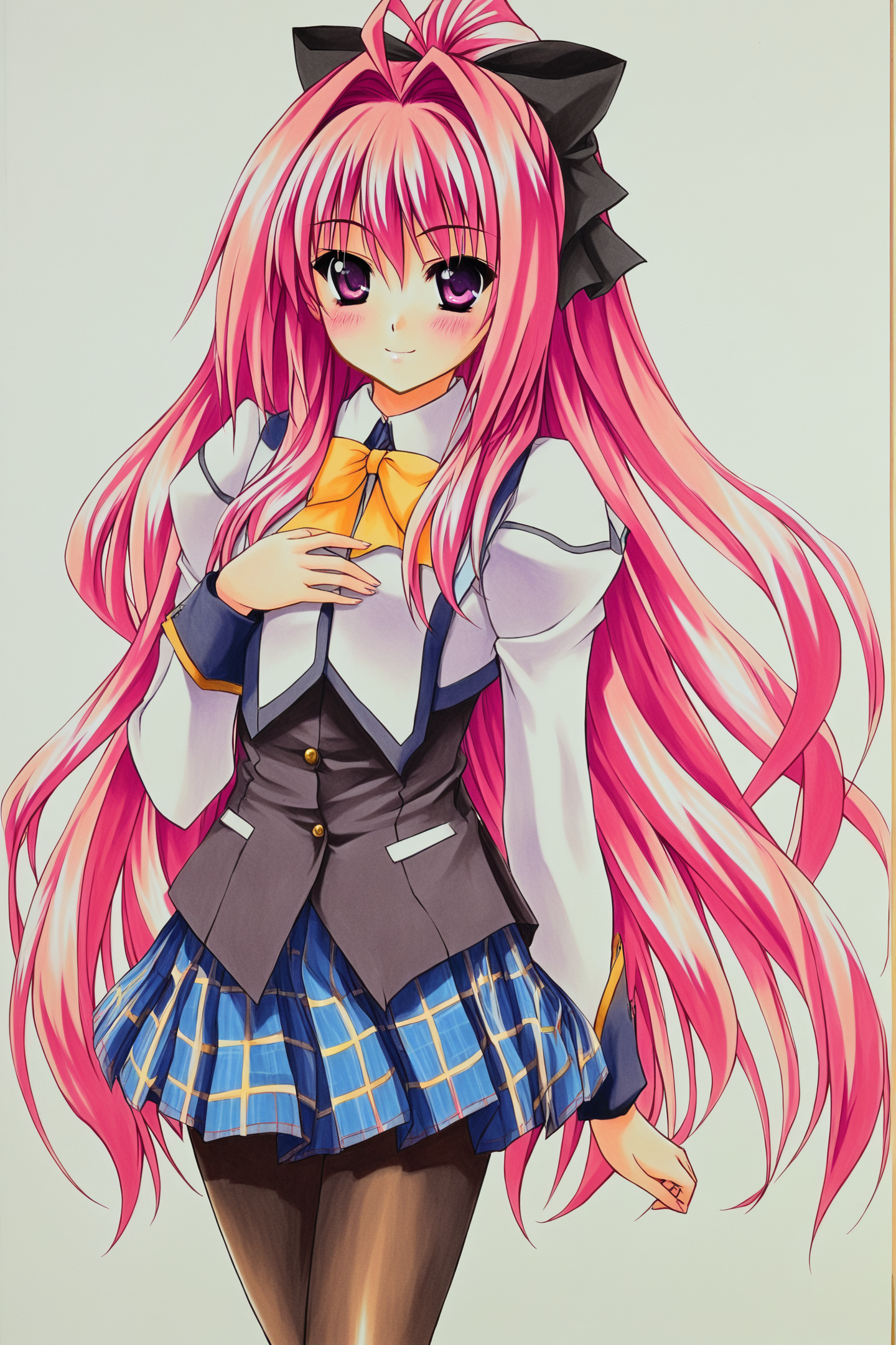 39702-3955211925-Coathicarte,1girl,solo,pantyhose,long hair,school uniform,skirt,hand on own chest,bow,blush,plaid skirt,long sleeves,plaid,smile.png